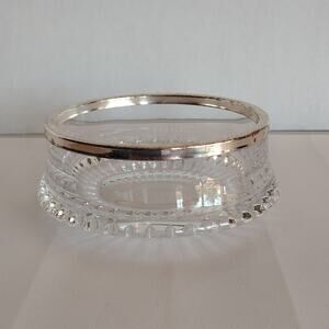 Unmarked Cut Glass Bowl Silverplate Rim Handmade Art Deco Vintage